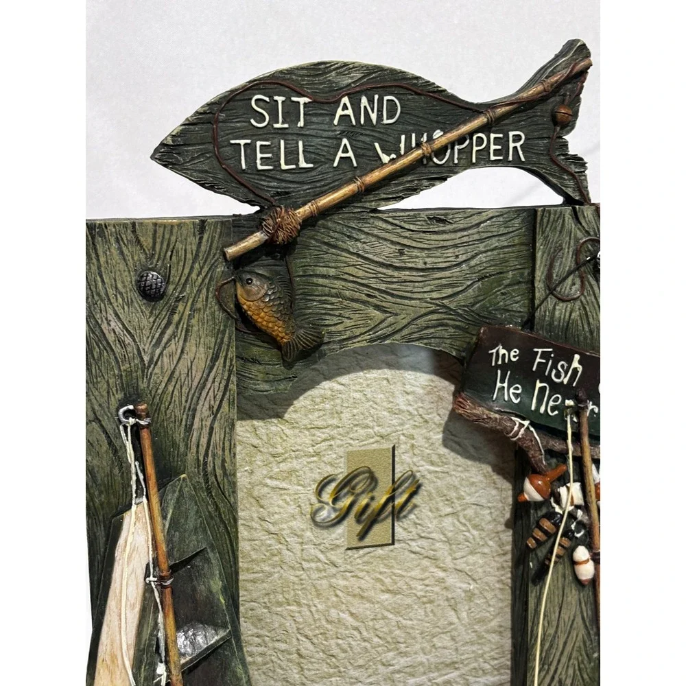 Rustic Fishing Theme Picture Frame Sit and Tell a Whopper Resin Lodge Decor 4x6
